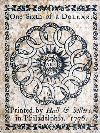 Real 1776 Continental one six dollar designed by Benjamin Franklin.