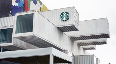Hualin City, Taiwan - Dec.7, 2018 - First Starbuck recycled container store in Taiwan opened in Swept 2018. Designed by Japanese architet Kengo Kuma on Nanbin Road in Hualin City.のeditorial素材