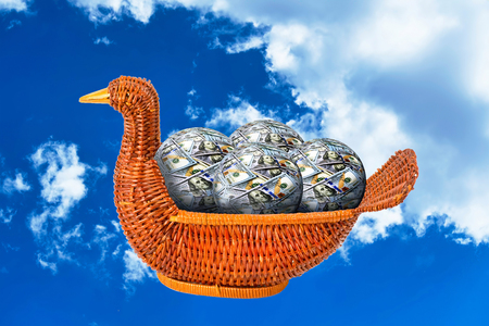 Duck basket full of money balls flying in the air.の写真素材