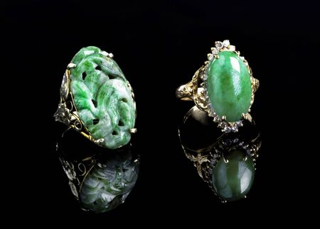 Burmese imperial green jadeite gold rings.の写真素材