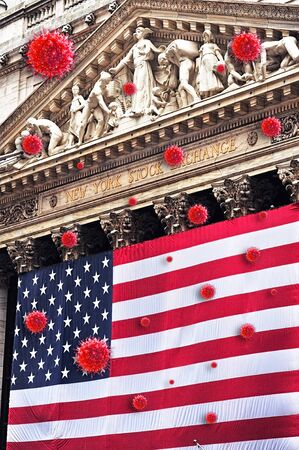 The historic New York Stock Exchange with the Cornonavirus flying around.の写真素材