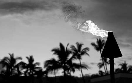 Tiki torch burning in hawaii in black and white with room for your type.の写真素材