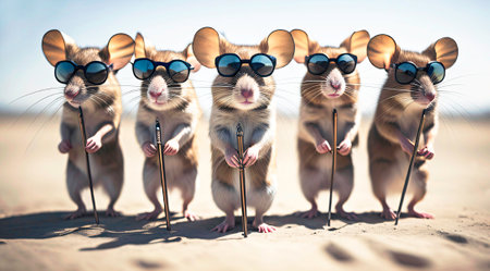 Generative AI image of five blind mice on beach.の素材