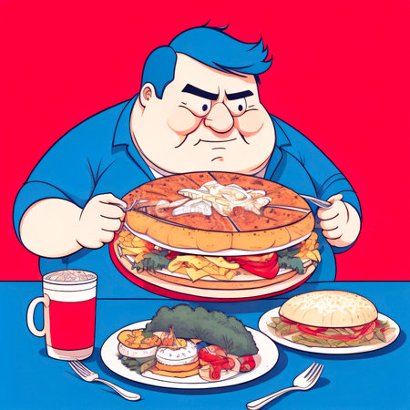 Generative AI image of a man eating to much fatty foods.の素材
