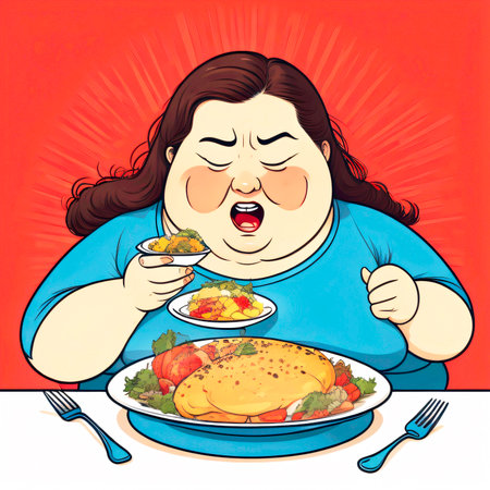 Generative AI image of a girl eating to much fatty foods.の素材