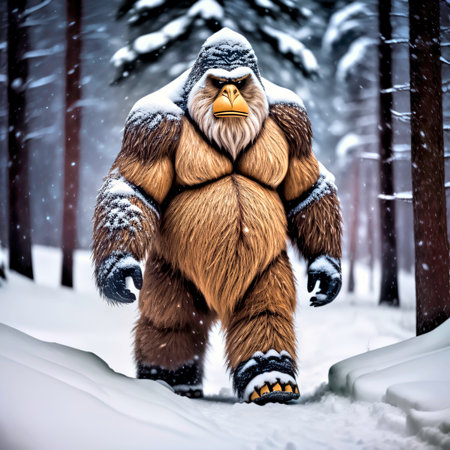 Generative AI image of Big Foot  in the snow.の素材