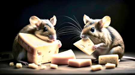 Generative AI image of two mice eating cheese.の素材