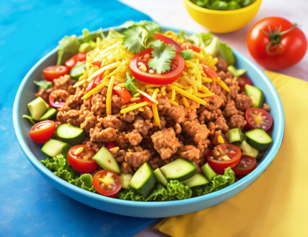 Generative AI image of a  fresh bowl of Mexican Taco Salad.の素材