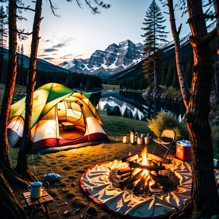 Generative AI image of a vacation camp site with tents.の素材