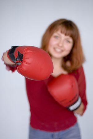 girl wearing boxing glovesの写真素材