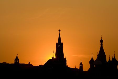 View of Red Square with silhouettes of Kremlin in Moscow, Russia.の写真素材