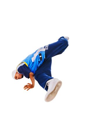 Hip-hop young man making cool move on white backgroundの写真素材