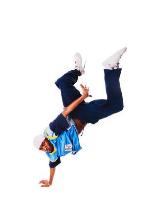 Hip-hop young man making cool move on white backgroundの写真素材