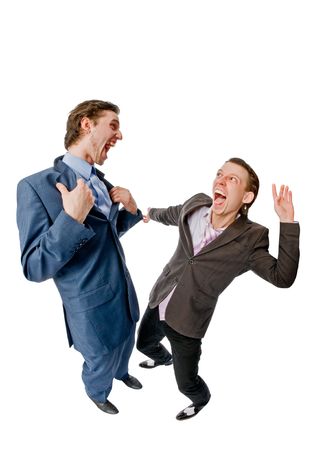 Two young businessmen discussing something  on white backgroundの写真素材