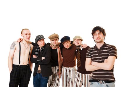 Cool band of young musicians isolated on white backgroundの写真素材
