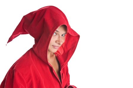 Girl sorcerer wearing red robe isolated on whiteの写真素材