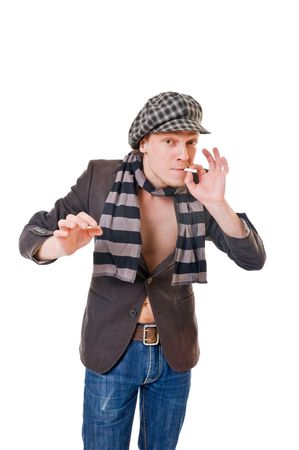 Young man with cigarette isolated on whiteの写真素材