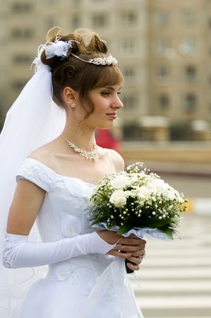 Portrait of a young smiling bride.の写真素材