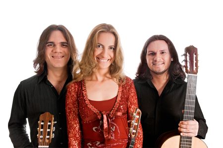 three smiling musicians isolated on white backgroundの写真素材
