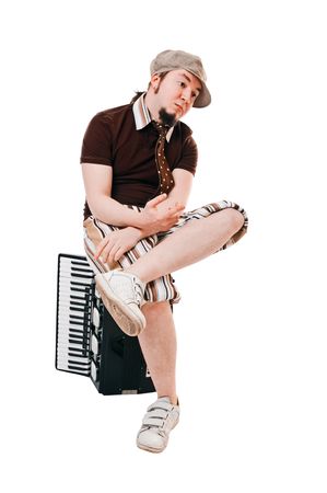 musician with accordion isolated on white backgroundの写真素材