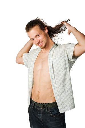 Handsome fit young man isolated on whiteの写真素材