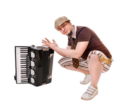 Cool musician with concertina isolated on white backgroundの写真素材