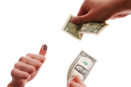 Hands exchanging money isolated on white backgroundの写真素材