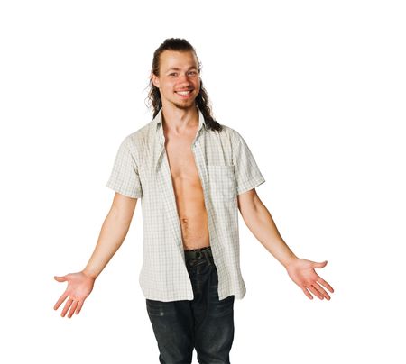 Handsome fit young man posing on white backgroundの写真素材
