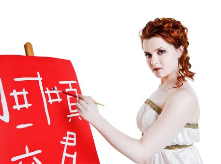 Girl dressed in greek costume painting isolated on whiteの写真素材