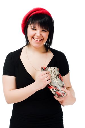 Young caucasian woman with handbag isolated on white backgroundの写真素材