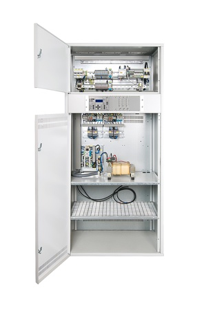 Electrical enclosure with its door open. Could be electrical circuit breaker, fuse box, control panel, server or other electronics enclosure.
の写真素材