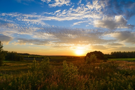 Sunset over green fieldsの写真素材