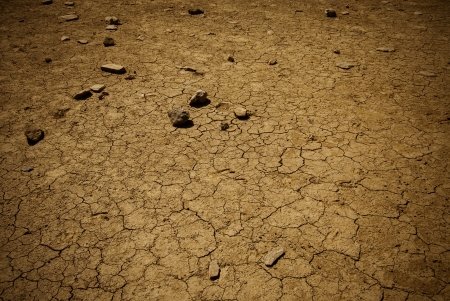 Desert land with many cracks and rocks on the ground