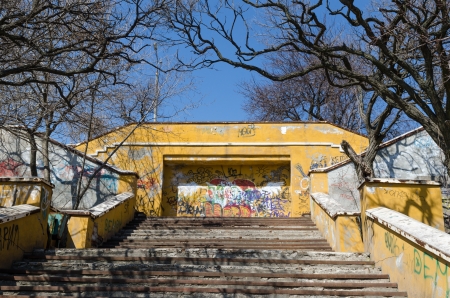 Stairway with graffiti wall in urban parkの写真素材
