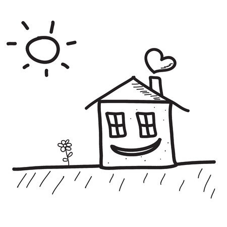 Happy hand drawn sketch house with sun and flowerのイラスト素材