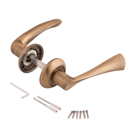 Door handle assembly with bolts and screws isolated on whiteの写真素材