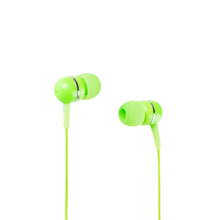 Green headphones closeup shot over white backgroundの写真素材