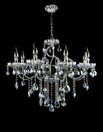 Contemporary glass chandelier isolated over black backgroundの写真素材