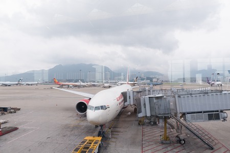 Airfield at Hong Kong airport with planes. China, Hong Kongのeditorial素材