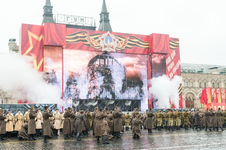MOSCOW, RUSSIA - November 7, 2014 - Parade on Red Square in Moscow commemorating similar event that...