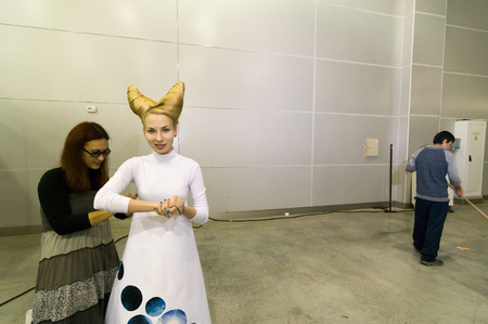 MOSCOW, RUSSIA - October 28, 2009 - Participants of makeup and hair artists competition  at Intercharm exhibition public eventのeditorial素材