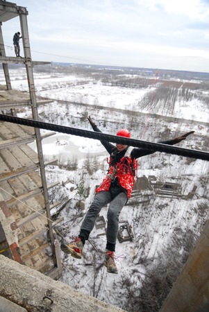ZHELEZNODOROZHNIY, RUSSIA - March 9, 2008 - Rope jumping event held at the abandoned building...