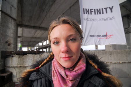 ZHELEZNODOROZHNIY, RUSSIA - March 9, 2008 - Rope jumping event held at the abandoned building construction site. Sports enthusiast groups organize such events for adrenaline lovers from all over Moscow districtのeditorial素材