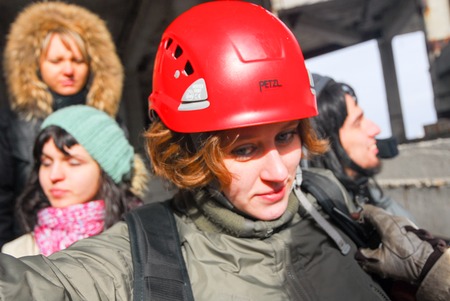 ZHELEZNODOROZHNIY, RUSSIA - March 9, 2008 - Rope jumping event held at the abandoned building construction site. Sports enthusiast groups organize such events for adrenaline lovers from all over Moscow districtのeditorial素材