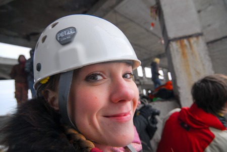 ZHELEZNODOROZHNIY, RUSSIA - March 9, 2008 - Rope jumping event held at the abandoned building construction site. Sports enthusiast groups organize such events for adrenaline lovers from all over Moscow districtのeditorial素材
