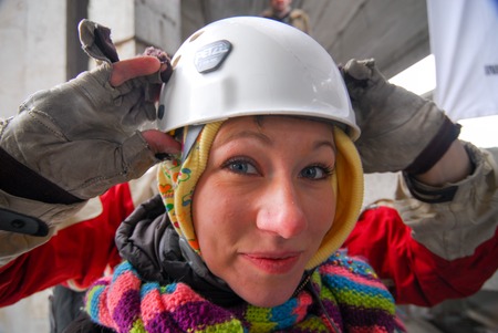 ZHELEZNODOROZHNIY, RUSSIA - March 9, 2008 - Rope jumping event held at the abandoned building construction site. Sports enthusiast groups organize such events for adrenaline lovers from all over Moscow districtのeditorial素材