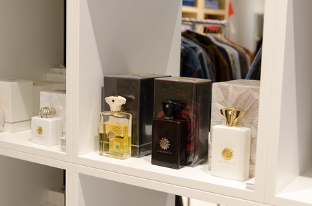 MOSCOW, RUSSIA - April 11, 2012 - Parfume corner in large shopping centre downtown Moscowのeditorial素材
