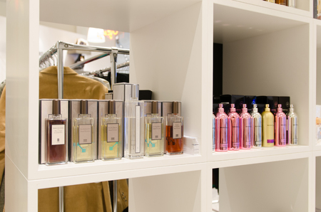 MOSCOW, RUSSIA - April 11, 2012 - Parfume corner in large shopping centre downtown Moscowのeditorial素材