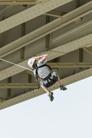 MOROZKI, RUSSIA - May 27, 2007 - Ropejumpers jumping off the bridgeのeditorial素材