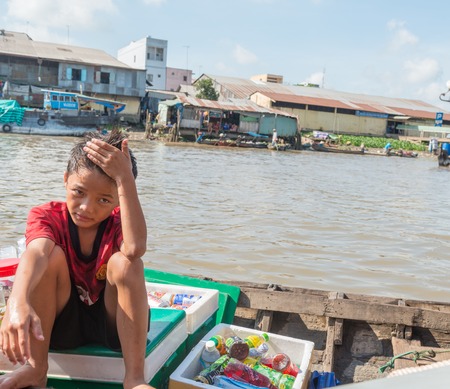 MEKONG DELTA, VIETNAM - April 25, 2014 - Asian floating market on Mekong river in Vietnamのeditorial素材
